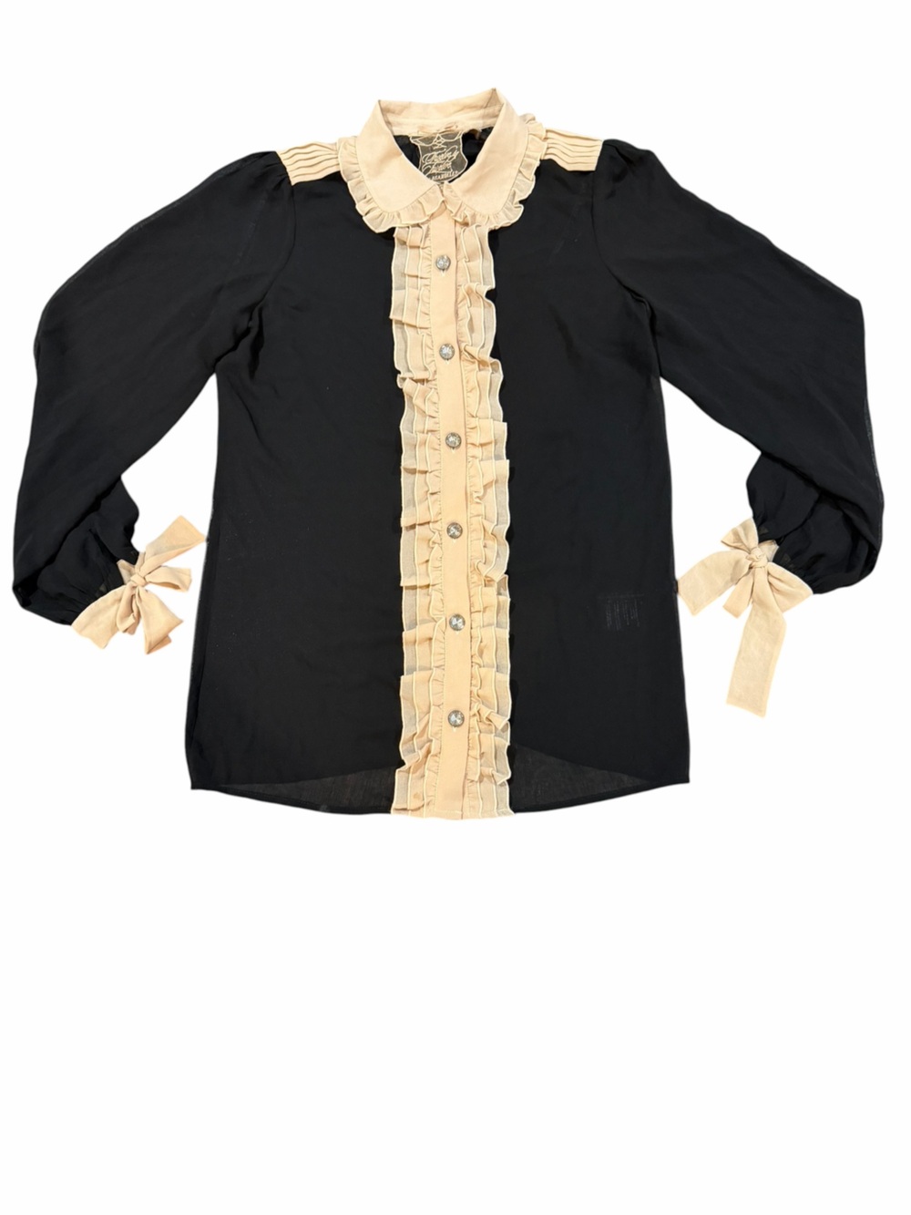 Twelfth Street by Cynthia Vincent Black Sheer Ruffle Bow Blouse Size S